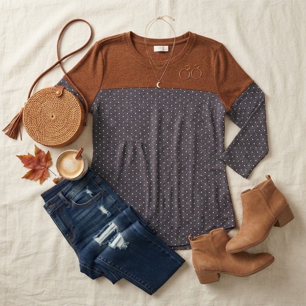 Maurices 24/7 Womens Polka Dot Colorblock Tunic Top Brown Navy Blue Size M